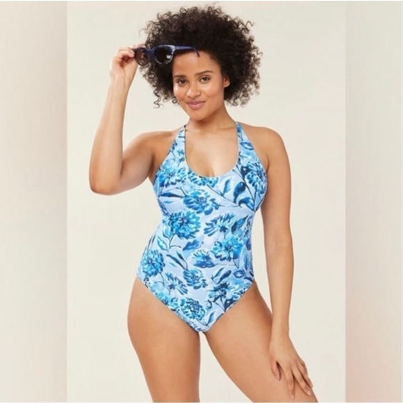 Andie Swim The Baia Glossy Eco Nylon in Blue Floral size XL NWT - Picture 4 of 6